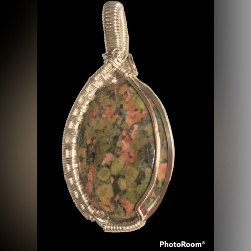 Handmade Green Unakite Stone Wire Wrapped in Silver OOAK